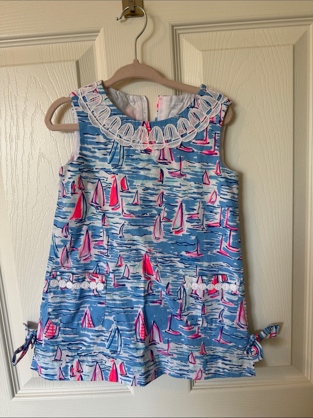 Lilly Pulitzer Girls Sailboat Print Dress with Lace Trim - Blue & Pink
